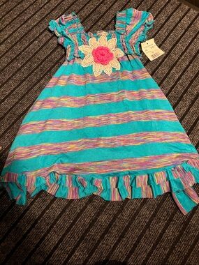 Girls' Turquoise Striped Sundress with Crochet Flower Accent